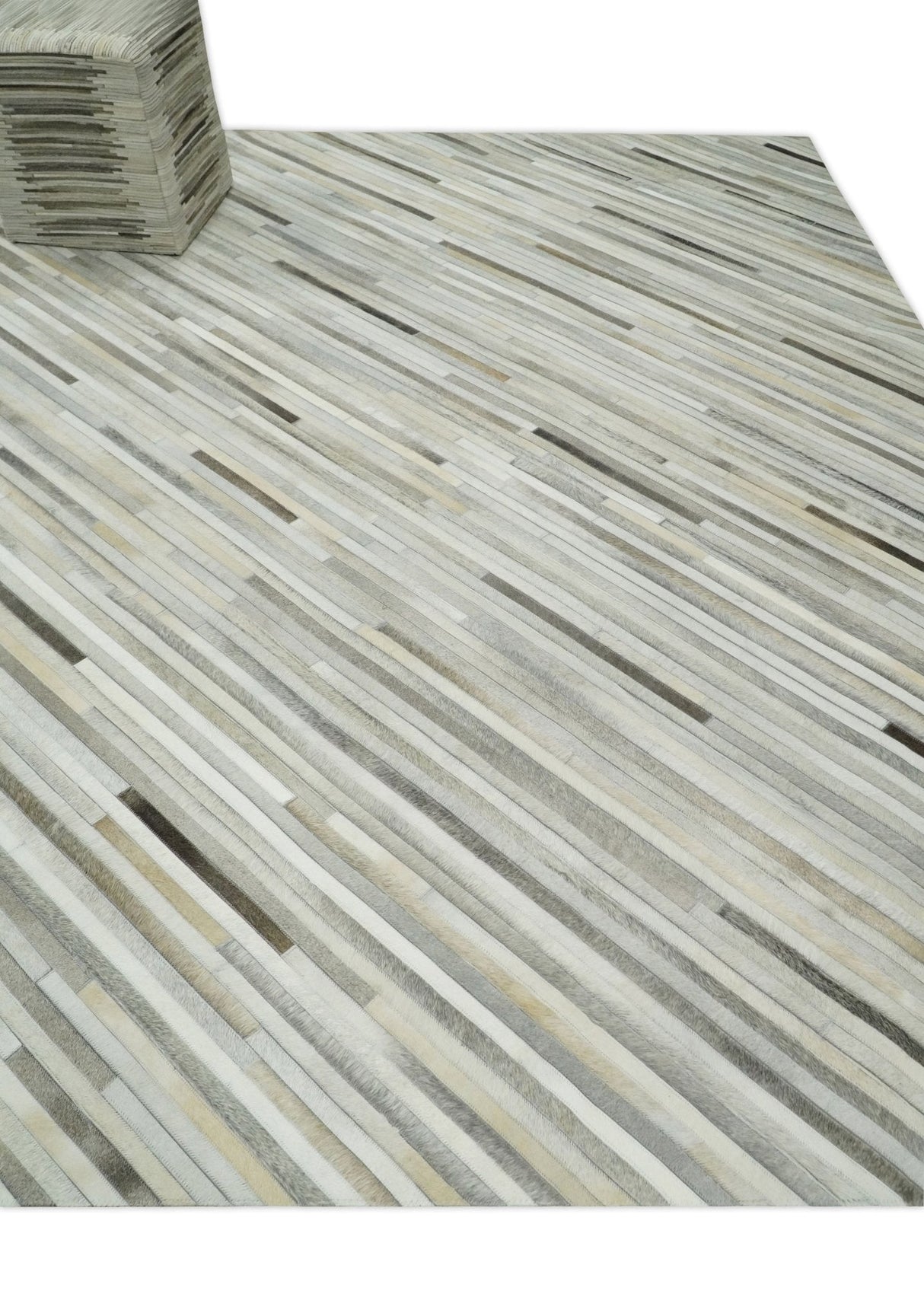 Flatweave Hairon Genuine Leather Stripe Design Beige and Ivory Area Rug