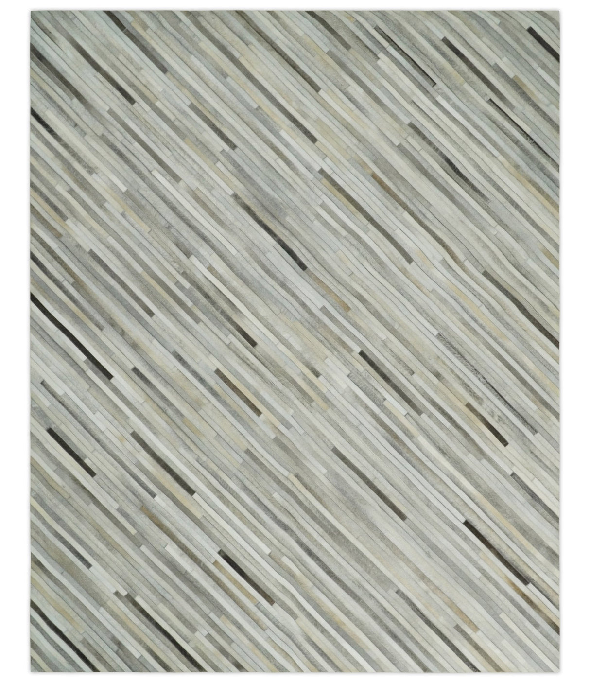 Flatweave Hairon Genuine Leather Stripe Design Beige and Ivory Area Rug
