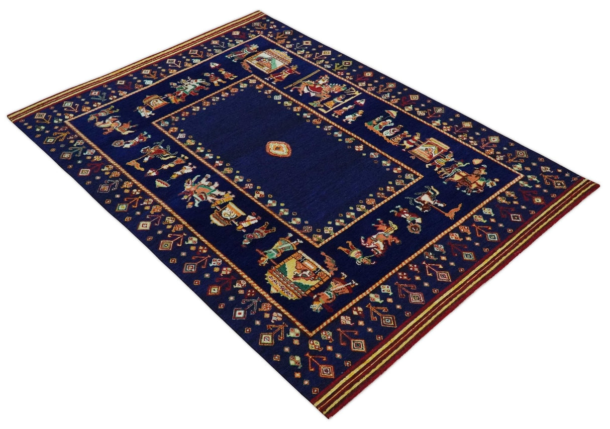 Flatwoven 5x7 Traditional Navy Blue Hand Woven Wool Rug