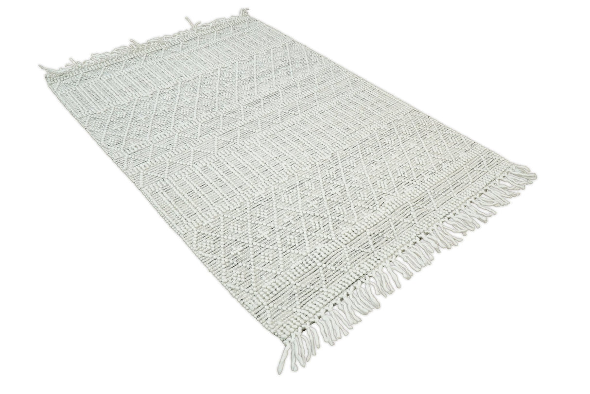 Flatwoven Dhurrie Woolen Chunky and Soft White Wool Area Rug, Living Room and Kids Rug | CAL1-Area Rug-Parc Decor