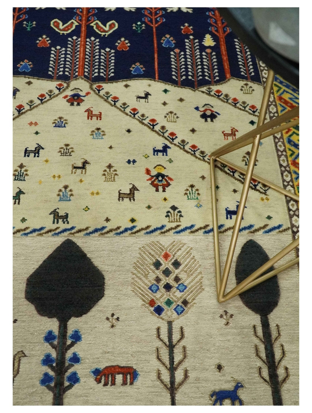 Flatwoven Weave 5x7 Beige and Blue Tribal Wool Hand Woven Southwestern Gabbeh Rug