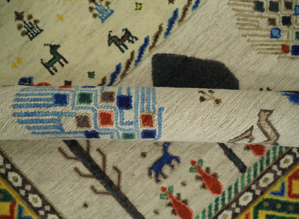 Flatwoven Weave 5x7 Beige and Blue Tribal Wool Hand Woven Southwestern Gabbeh Rug