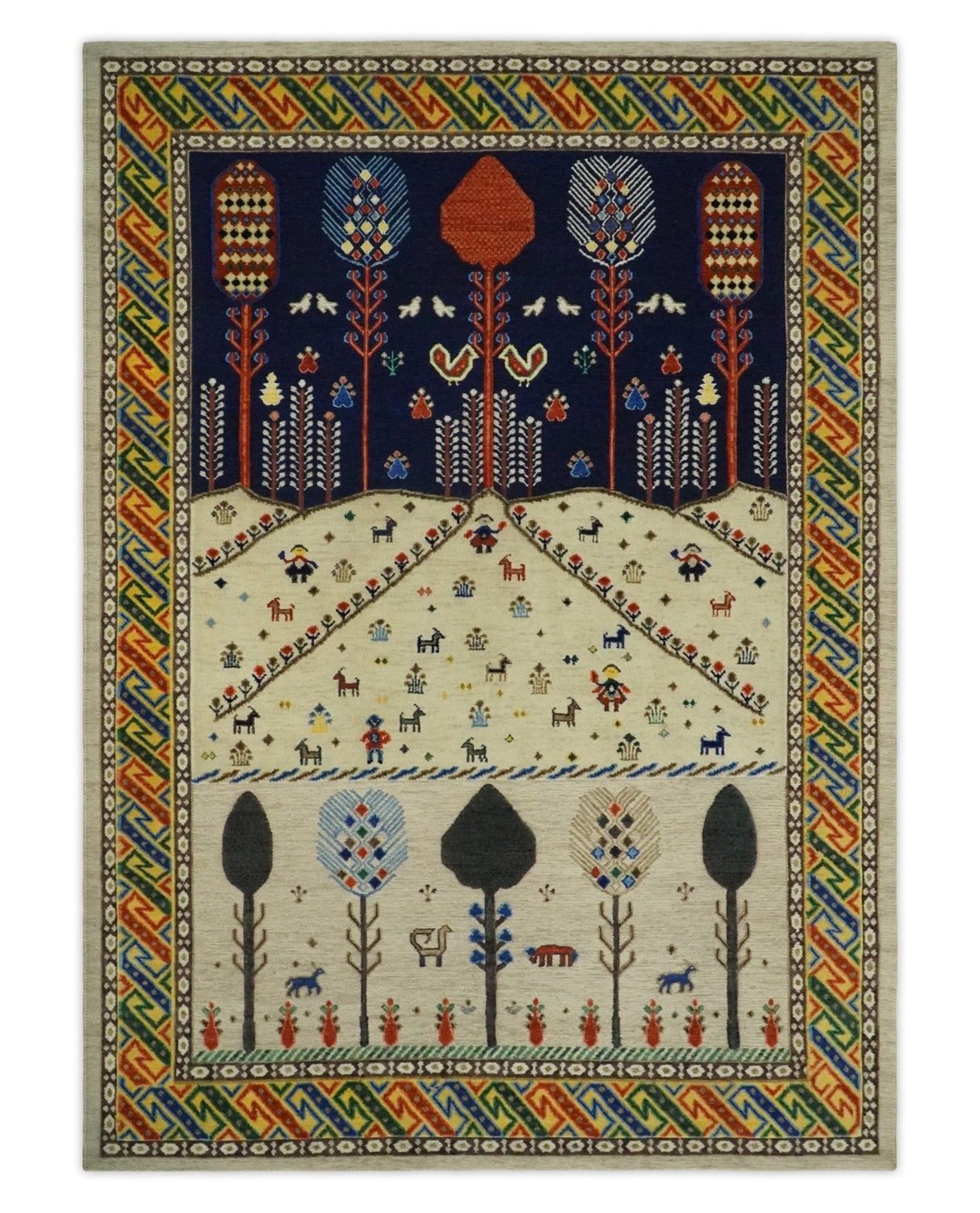 Flatwoven Weave 5x7 Beige and Blue Tribal Wool Hand Woven Southwestern Gabbeh Rug