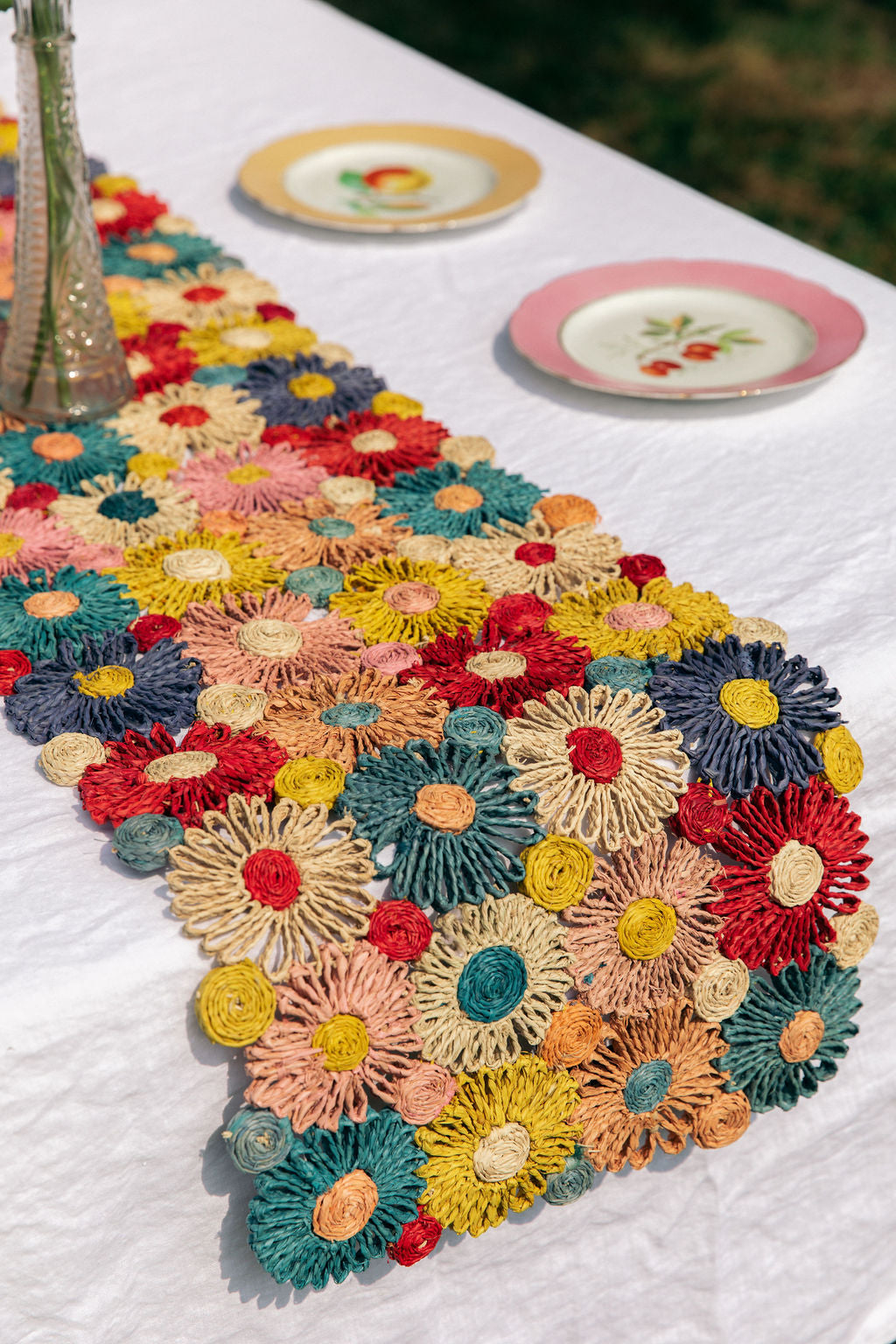 Fleur Raffia Flower Table Runner, Multicolor Flowers Woven Tabletop-tabletop-Parc Decor