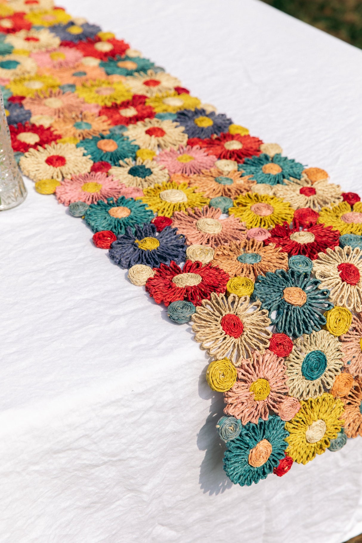 Fleur Raffia Flower Table Runner, Multicolor Flowers Woven Tabletop-tabletop-Parc Decor
