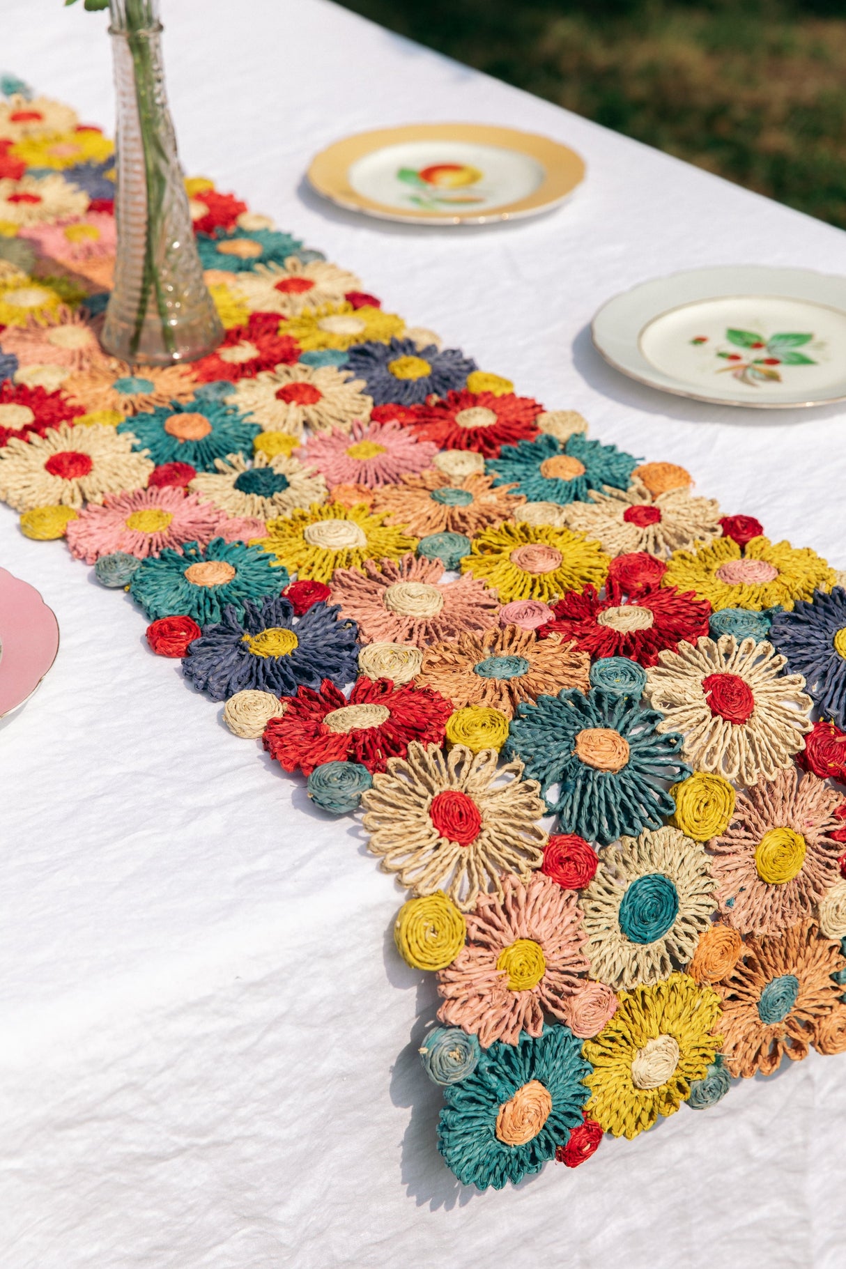 Fleur Raffia Flower Table Runner, Multicolor Flowers Woven Tabletop-tabletop-Parc Decor