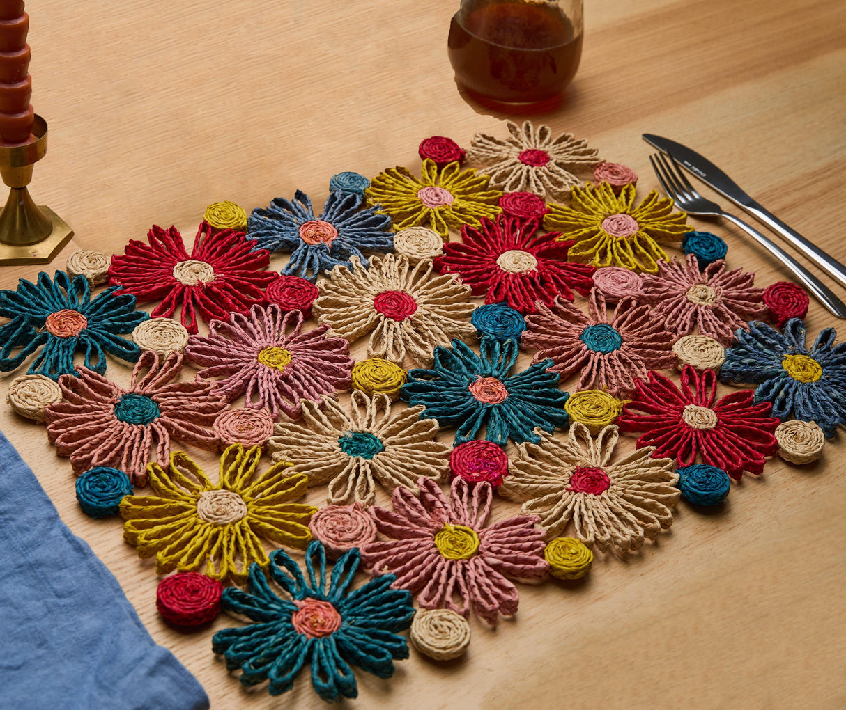 Fleur Raffia placemat, Multicolor Flowers woven tabletop-table tops-Parc Decor