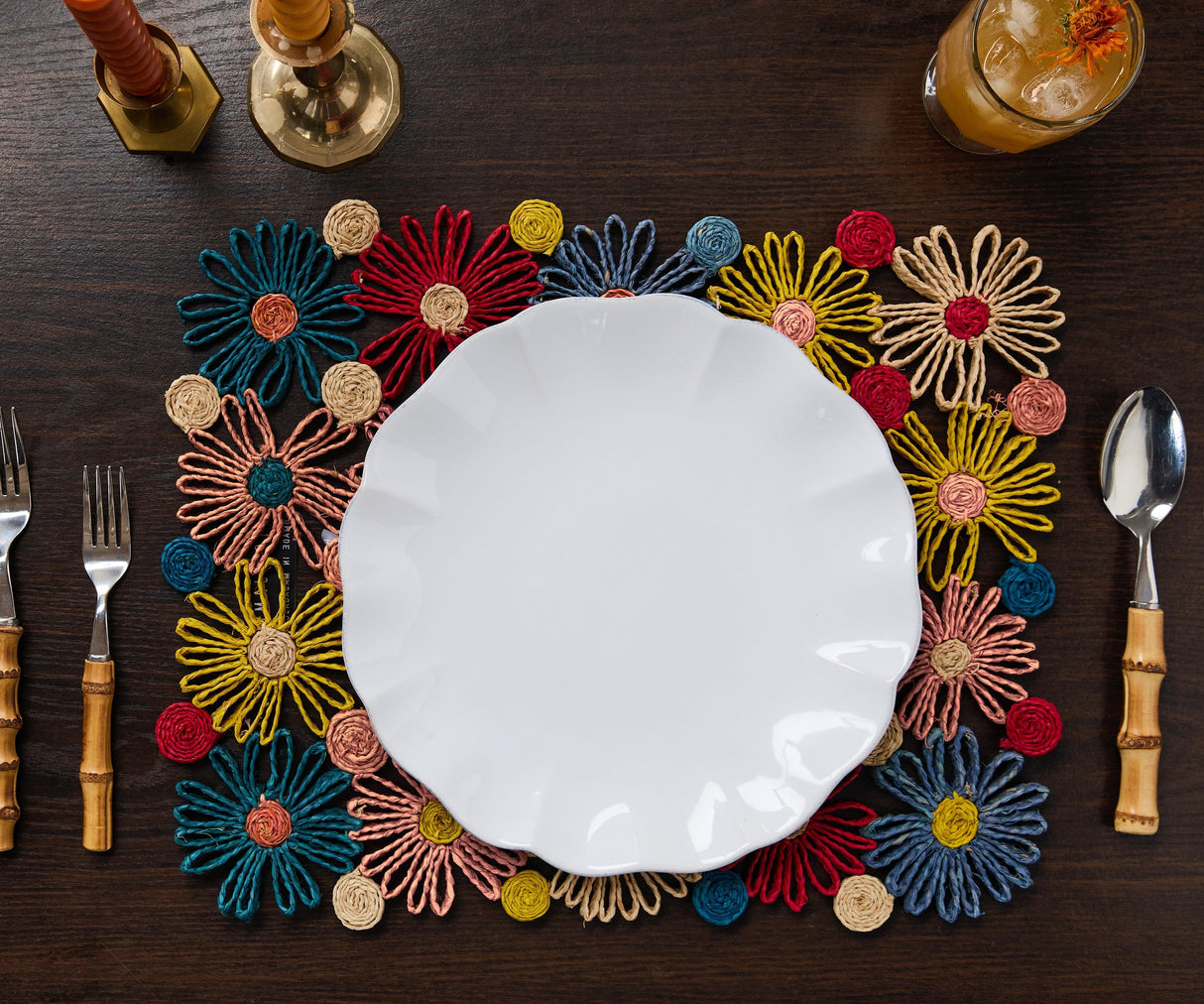 Fleur Raffia placemat, Multicolor Flowers woven tabletop-table tops-Parc Decor
