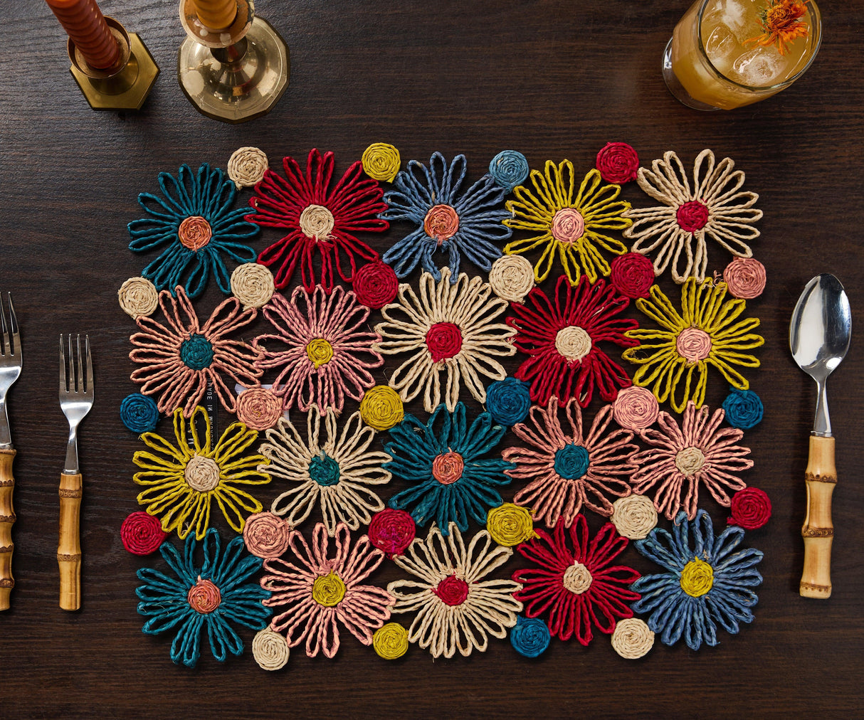 Fleur Raffia placemat, Multicolor Flowers woven tabletop-table tops-Parc Decor