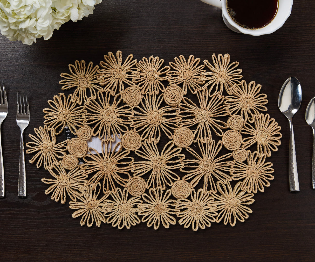 Fleur Raffia Placemat, Natural Color Flowers Woven Tabletop-table top-Parc Decor