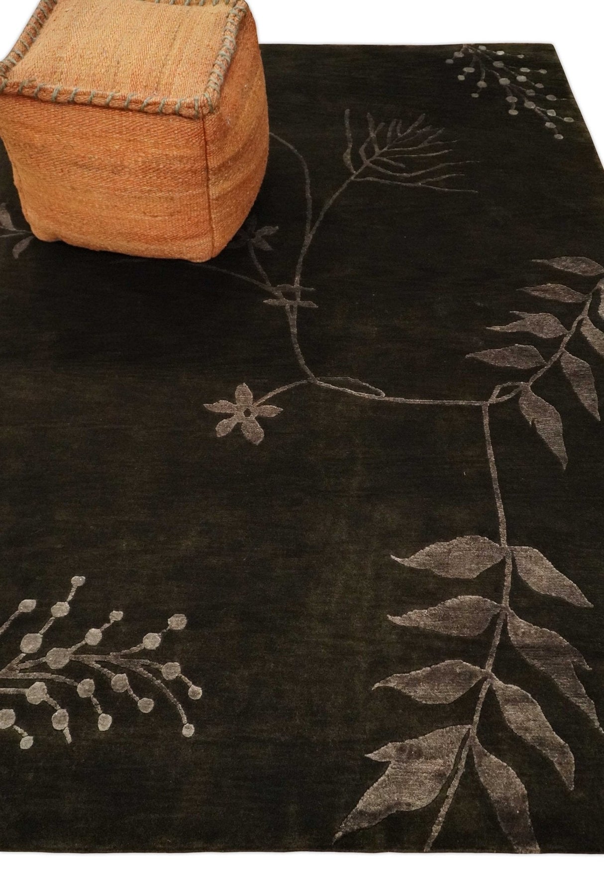 Floral 6x8 Dark Brown and Copper Wool and Silk Hand Woven Rug