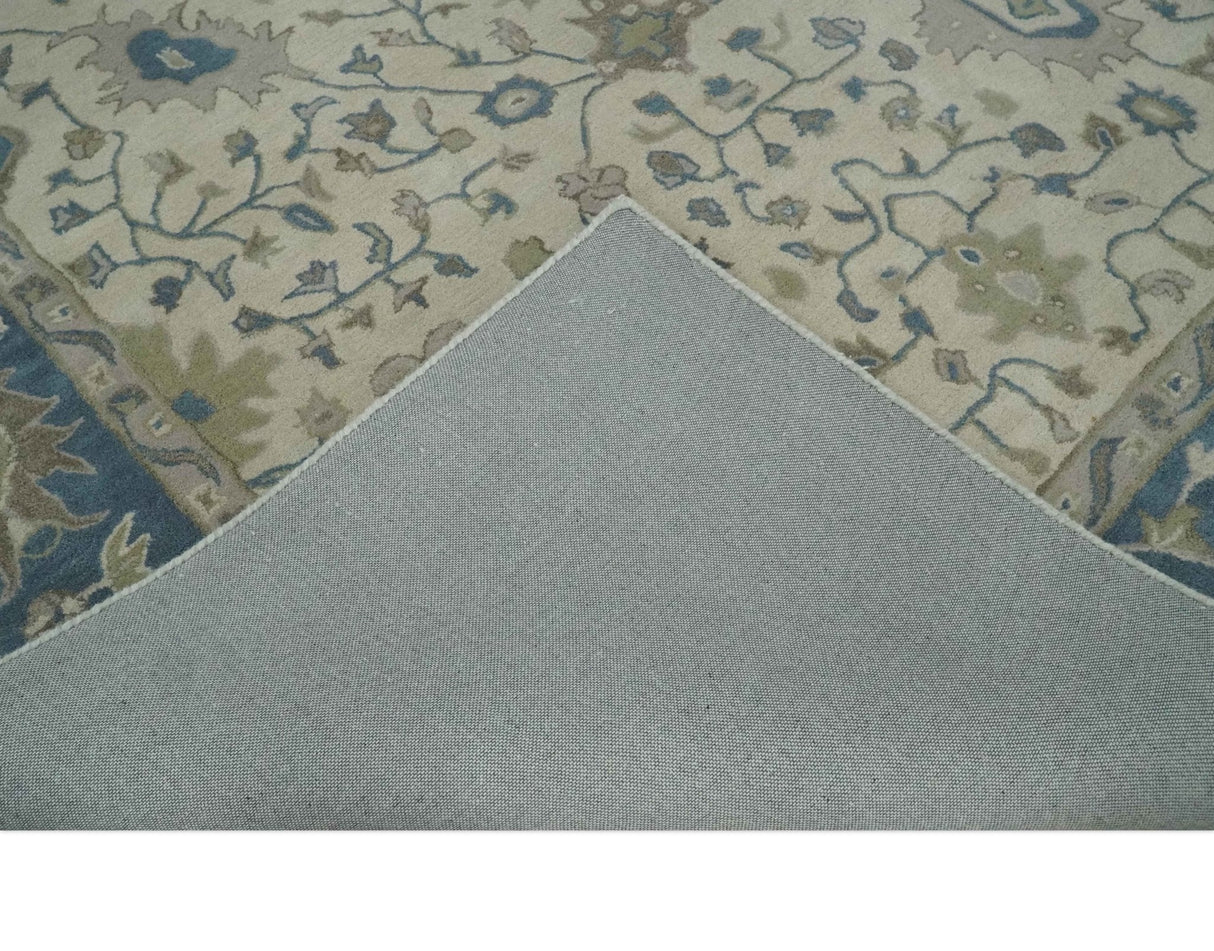 Floral 8x10 Hand Tufted Beige and Blue Modern Oushak Rug