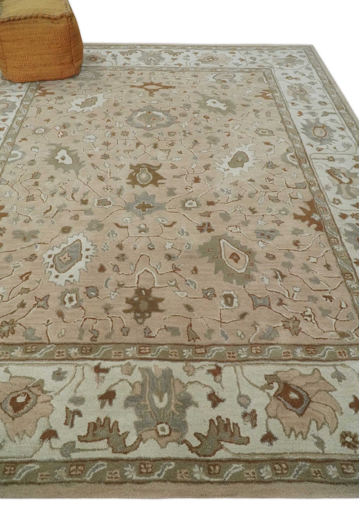 Floral 8x10 Hand Tufted Peach, Ivory and Olive Modern Oushak Rug