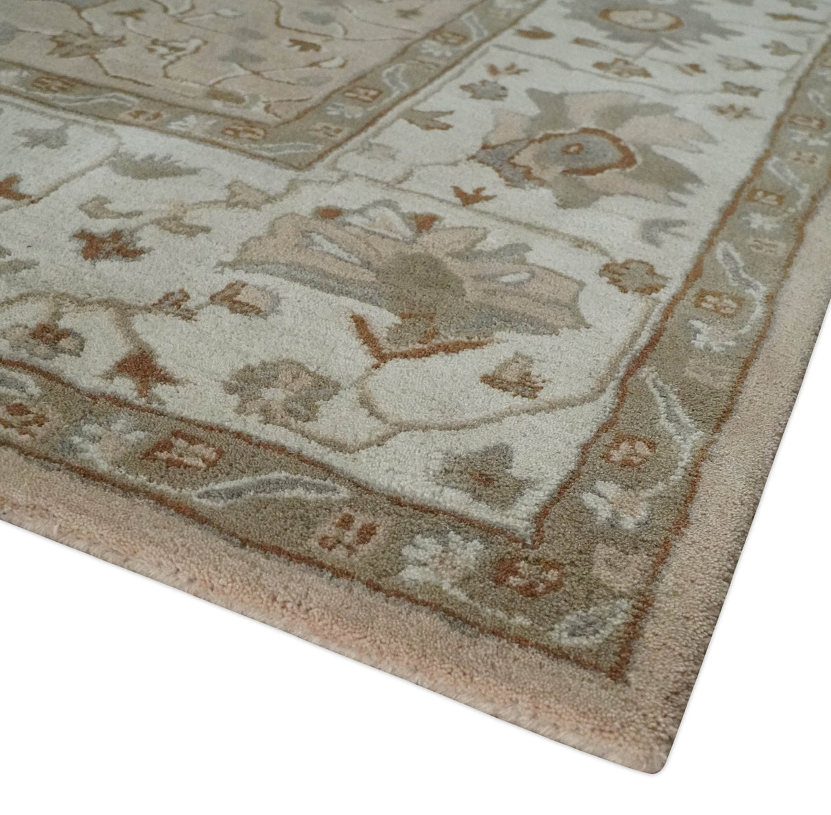 Floral 8x10 Hand Tufted Peach, Ivory and Olive Modern Oushak Rug