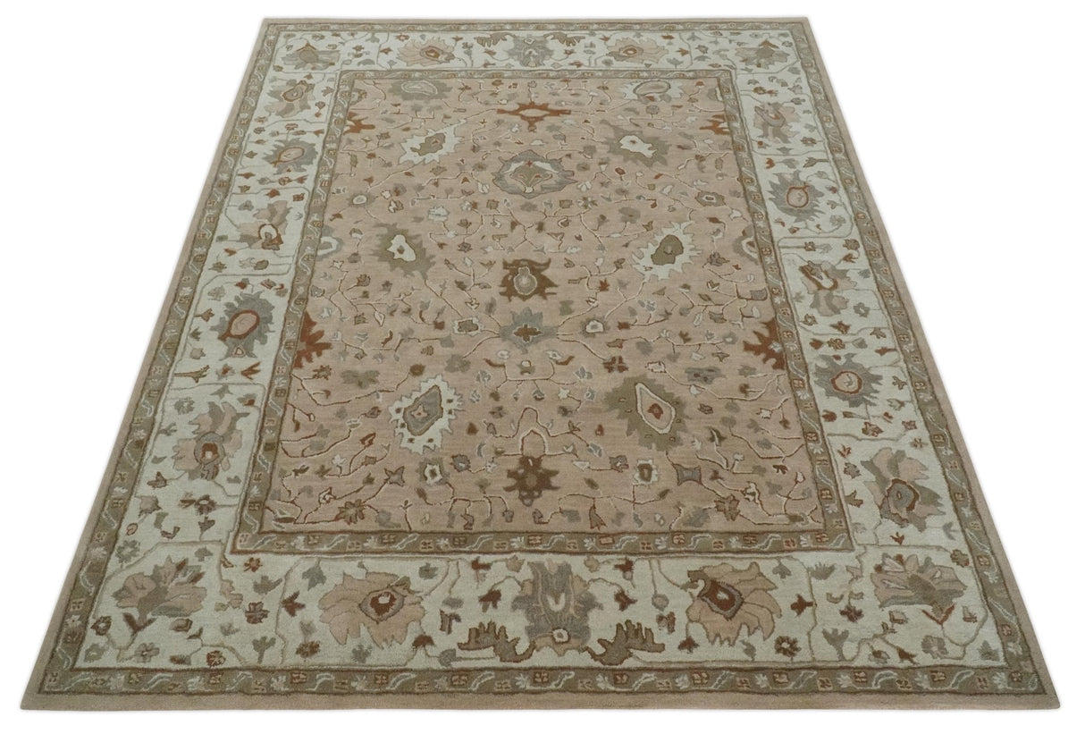 Floral 8x10 Hand Tufted Peach, Ivory and Olive Modern Oushak Rug