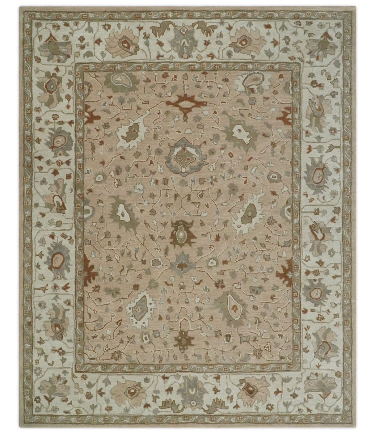 Floral 8x10 Hand Tufted Peach, Ivory and Olive Modern Oushak Rug