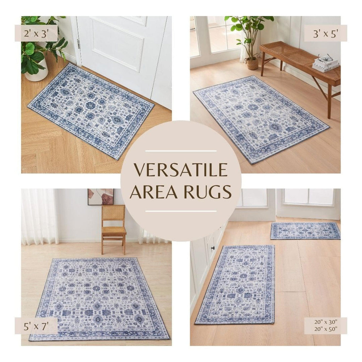 Floral Machine Washable Accent Area Rug 3' x 5' - Matra Collection-Rugs-Parc Decor