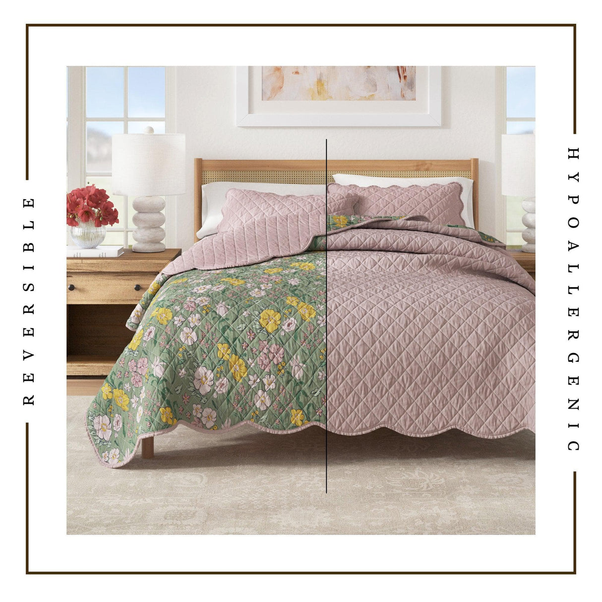 Floral Print & Scalloped Edge Cotton Quilt Set - Gwen Collection-Quilts & Comforters-Parc Decor