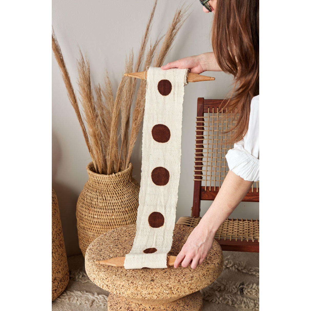 Flourish Bogolan Wall Totem in White with Brown Circles