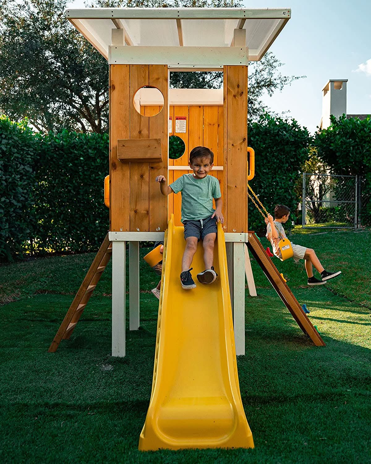 Forest | Modern Wooden Swing Set with Playhouse, Slide & Rock Wall