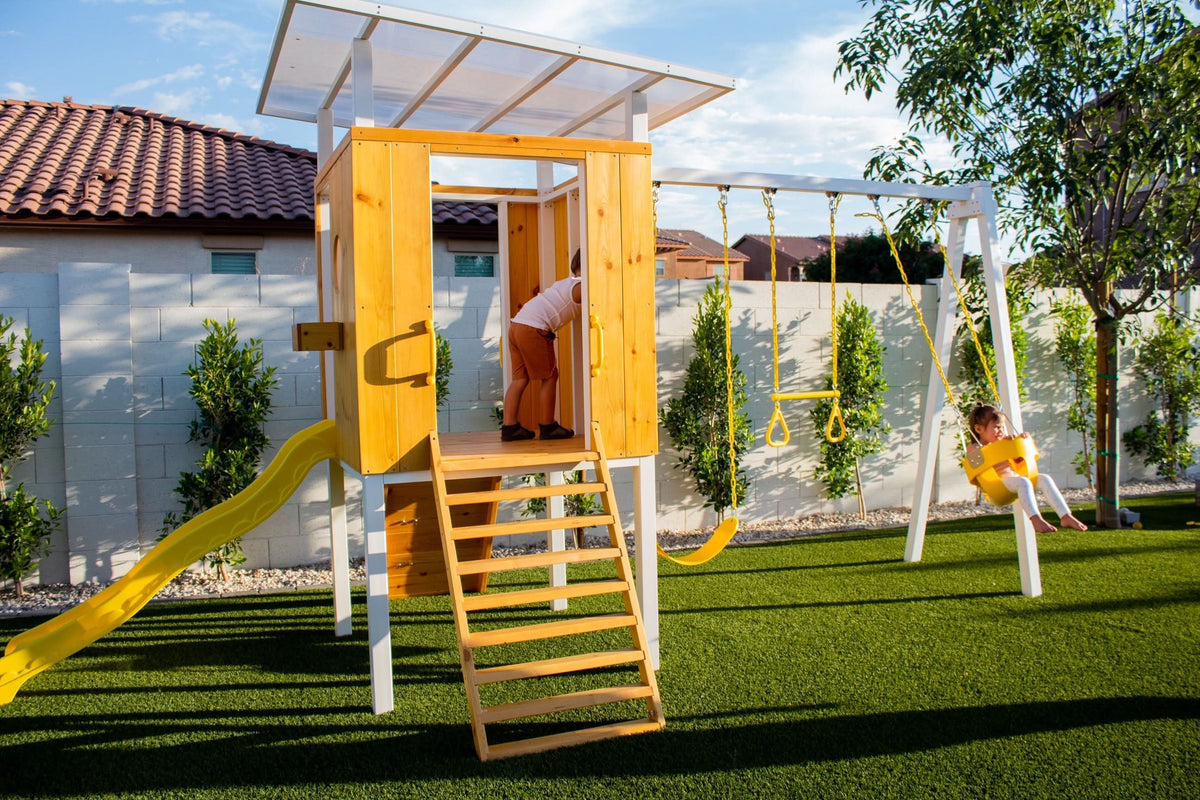 Forest | Modern Wooden Swing Set with Playhouse, Slide & Rock Wall