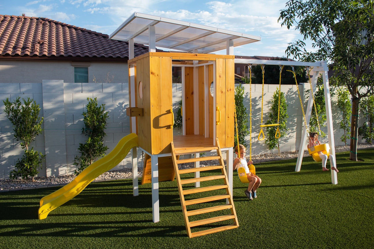 Forest | Modern Wooden Swing Set with Playhouse, Slide & Rock Wall