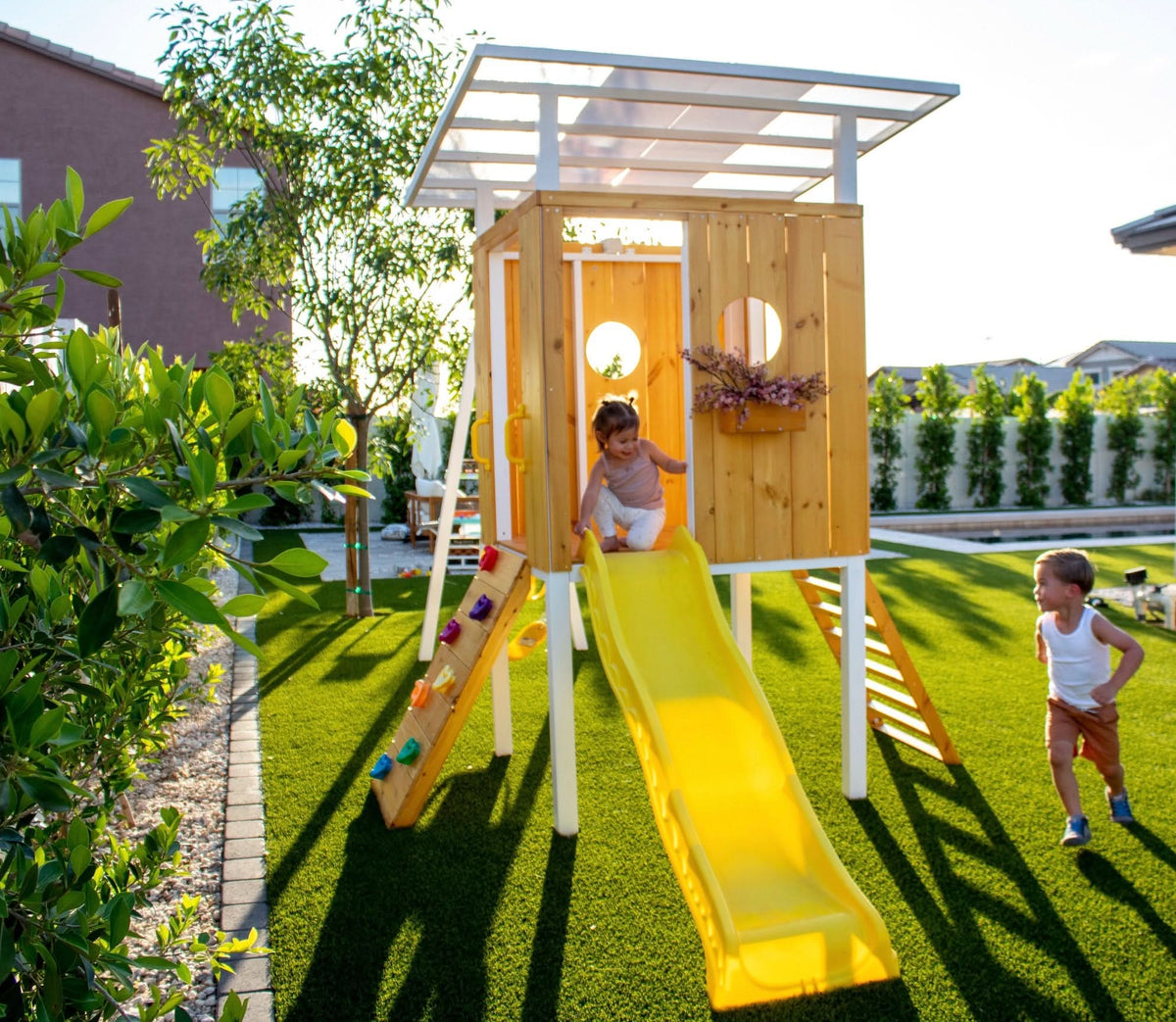 Forest | Modern Wooden Swing Set with Playhouse, Slide & Rock Wall