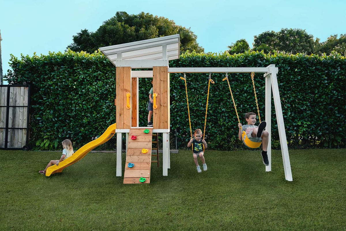 Forest | Modern Wooden Swing Set with Playhouse, Slide & Rock Wall