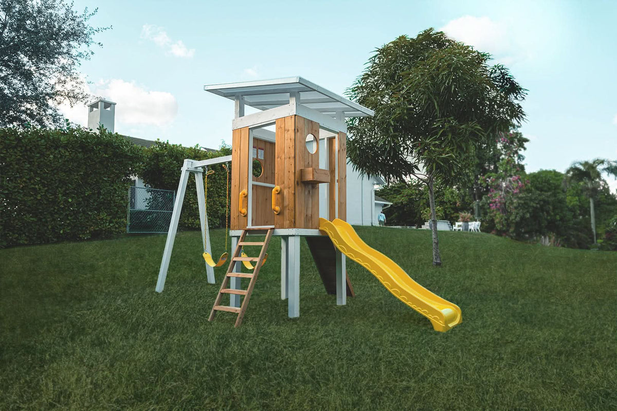 Forest | Modern Wooden Swing Set with Playhouse, Slide & Rock Wall