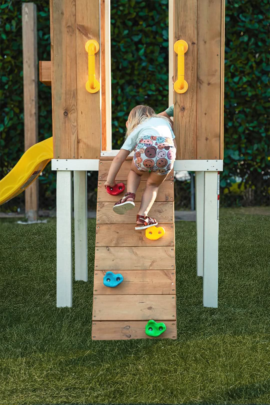 Forest | Modern Wooden Swing Set with Playhouse, Slide & Rock Wall