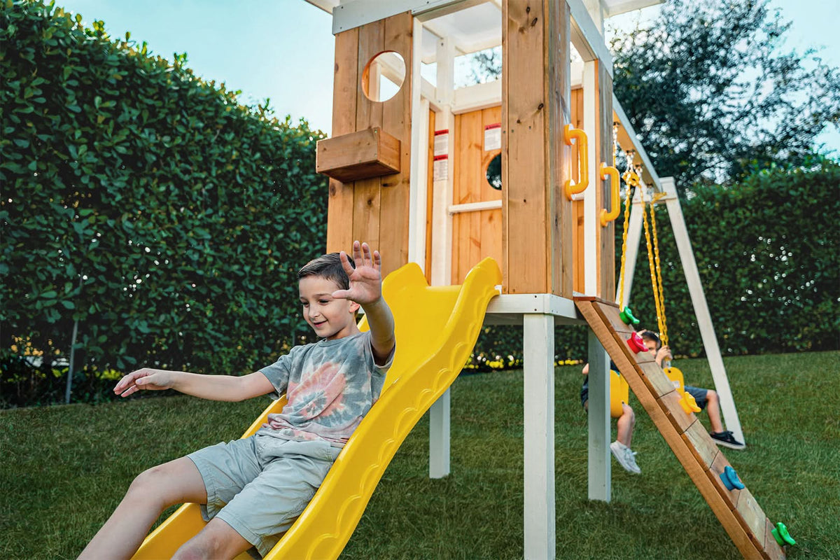 Forest | Modern Wooden Swing Set with Playhouse, Slide & Rock Wall