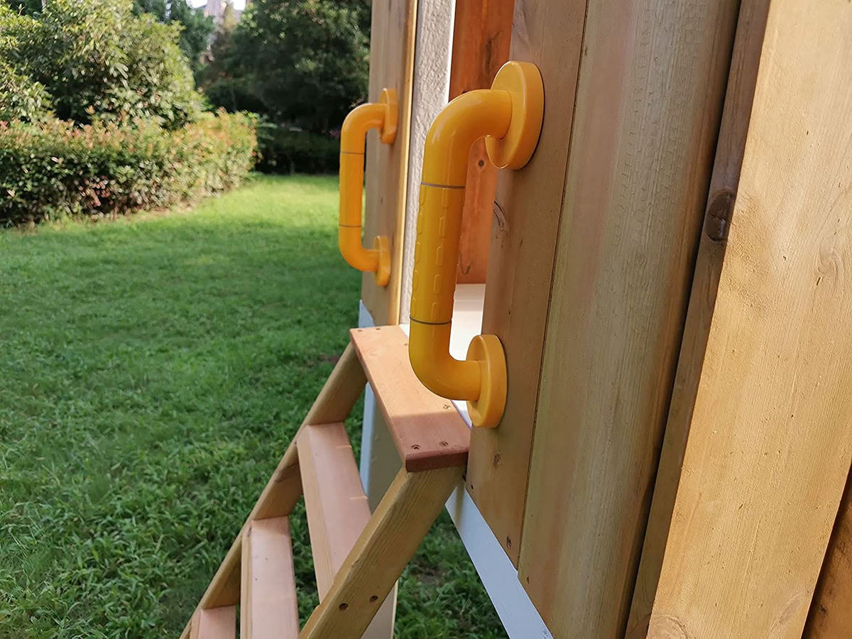Forest | Modern Wooden Swing Set with Playhouse, Slide & Rock Wall