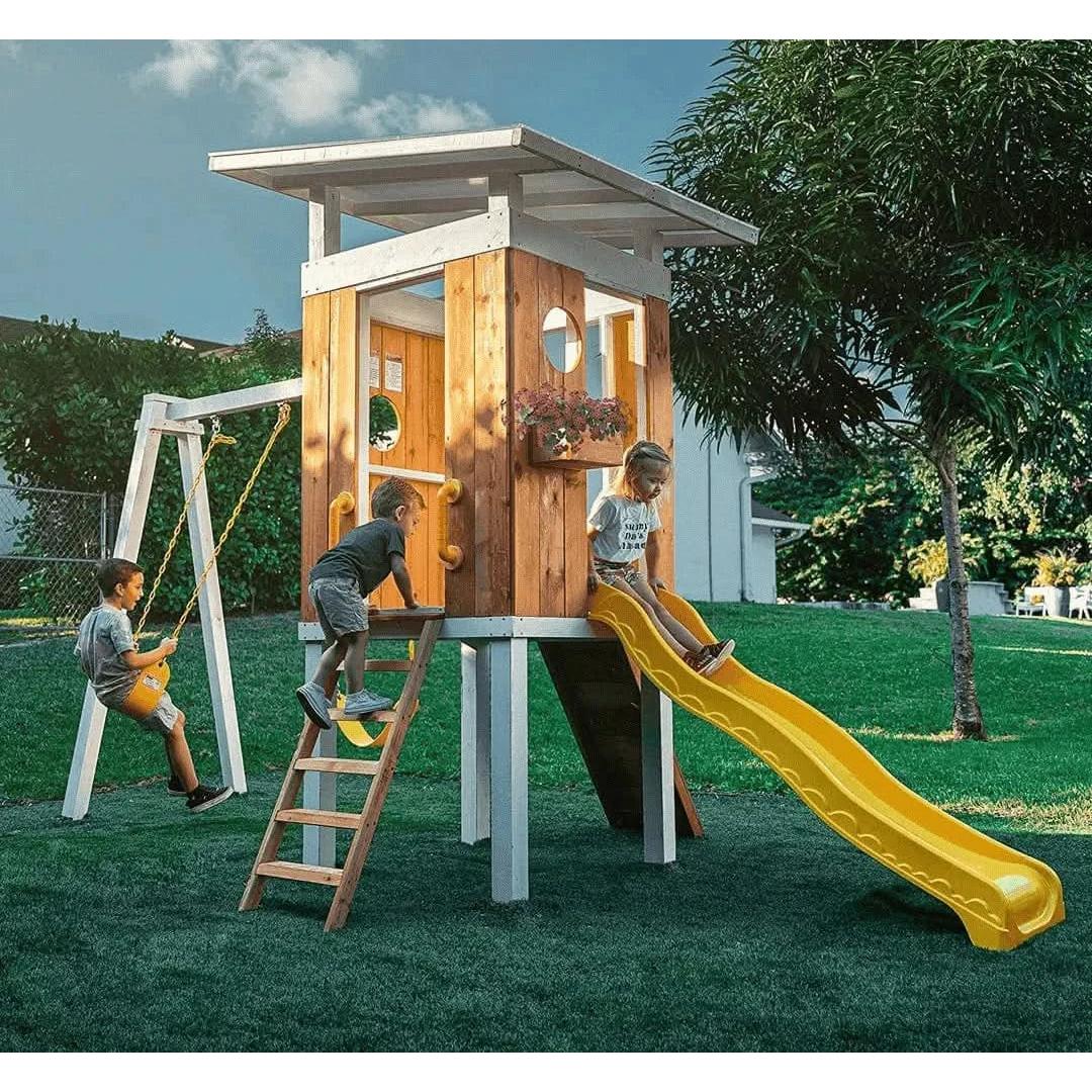 Forest | Modern Wooden Swing Set with Playhouse, Slide & Rock Wall