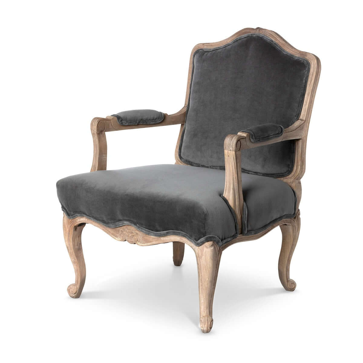 French Country Velvet Armchair with Carved Wood Frame-Chair-Parc Decor