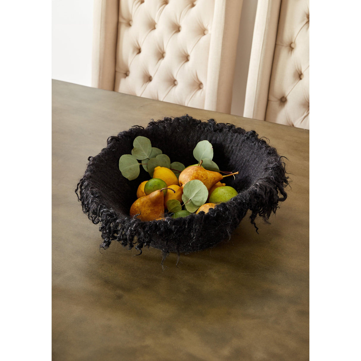 Fringed Skirt Black Decorative Karakul Wool and Mohair Bowl-Baskets-Parc Decor