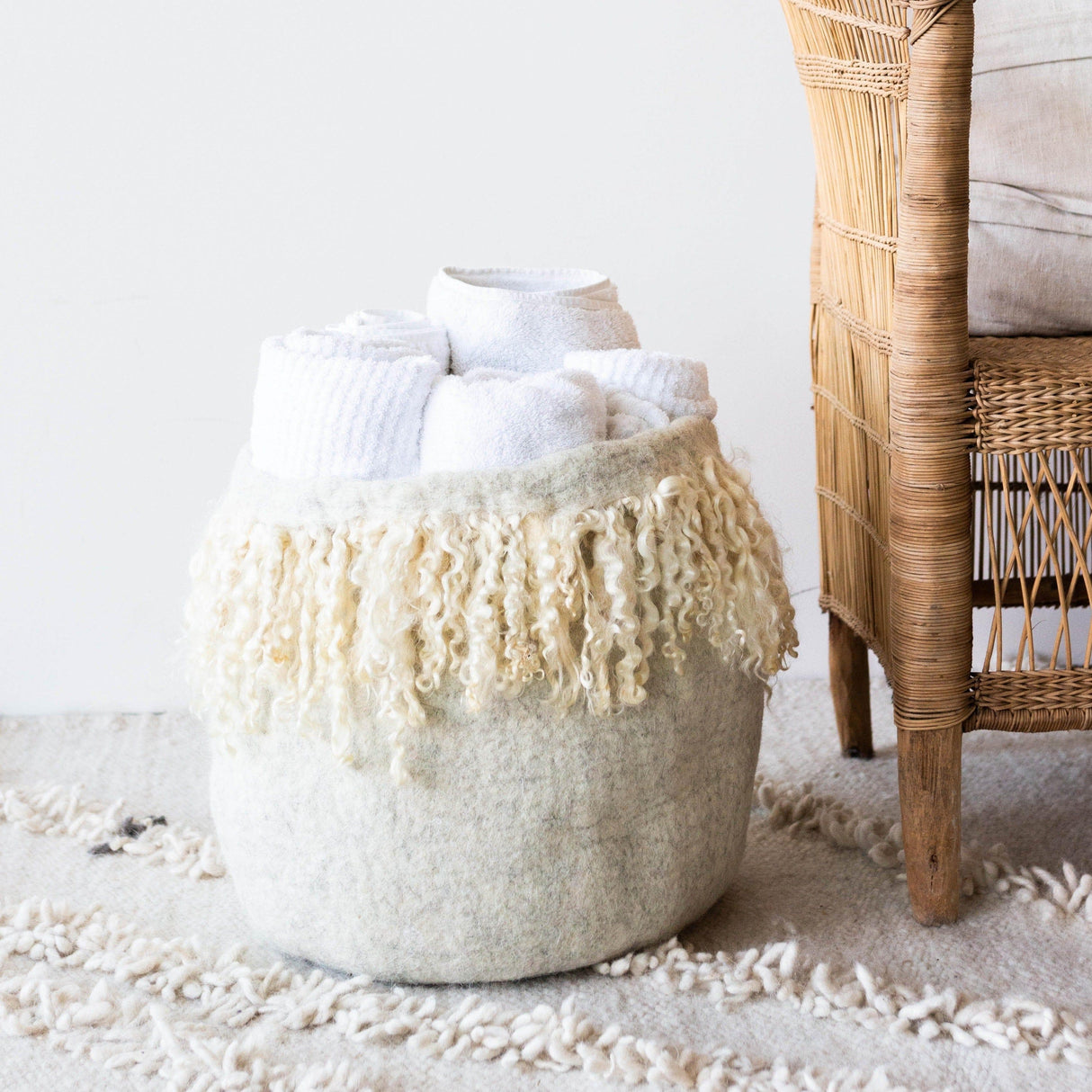 Fringed Skirt Mohair Decorative Wool Basket-Baskets & Vessels-Parc Decor