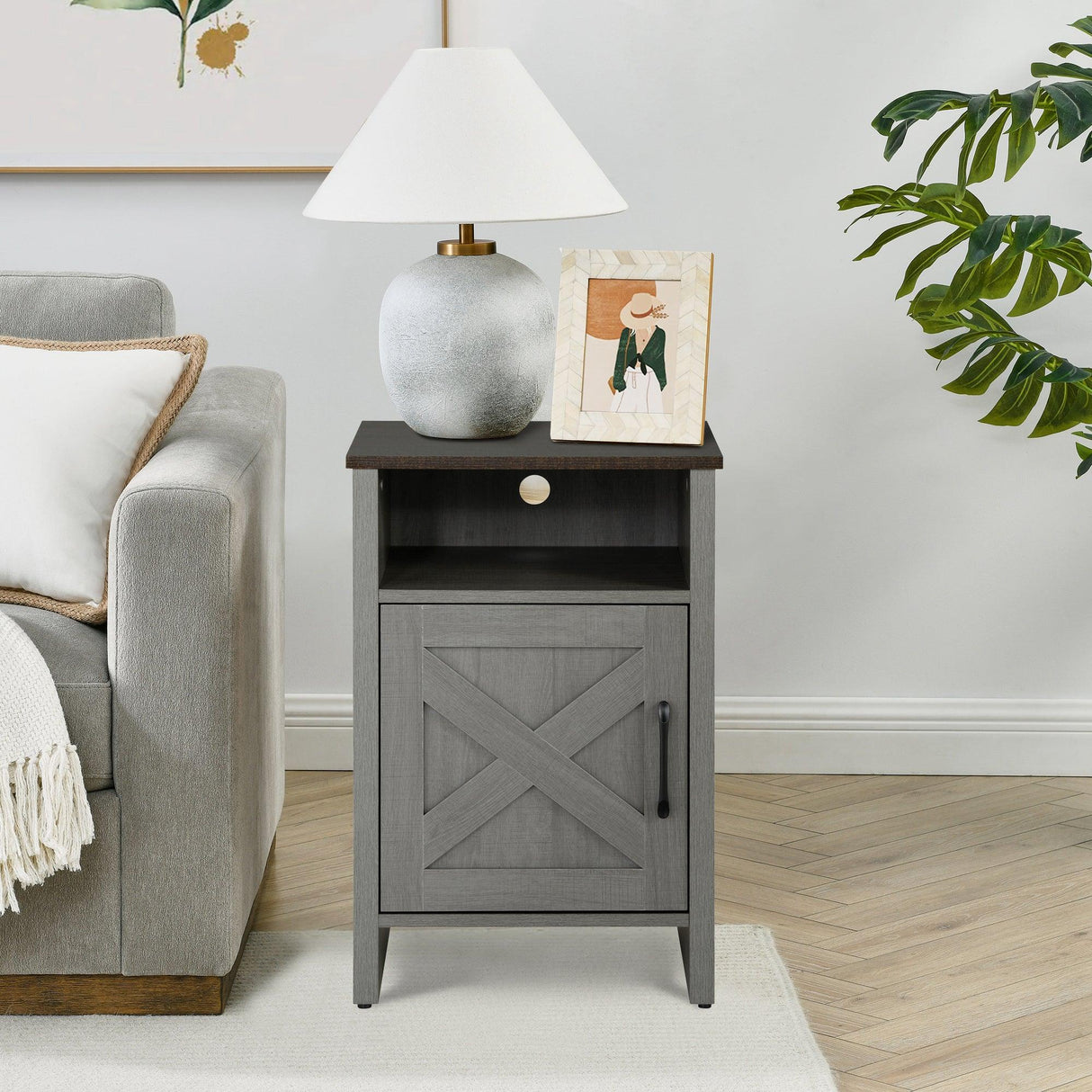Furniture of America Farmhouse Grey 16-inch Side Table with Barn Door and Open Shelf-边桌-Parc Decor