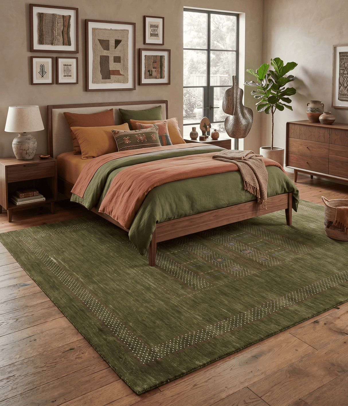 Gabbeh Design Hand Loomed Green Wool Area Rug