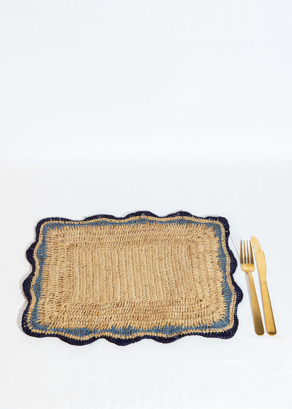 Garden Party placemats with Blue Edges, Handmade Woven Rectangular Table Mats, Natural raffia boho Placemat for Dining Table-table tops-Parc Decor