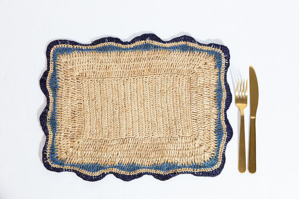 Garden Party placemats with Blue Edges, Handmade Woven Rectangular Table Mats, Natural raffia boho Placemat for Dining Table-table tops-Parc Decor