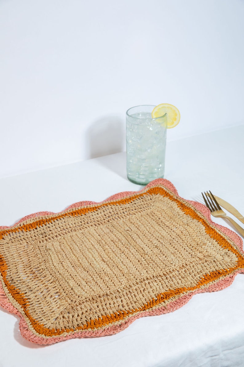 Garden Party placemats with Pink and Orange Edges, Hand Woven Rectangular Table Mat-table tops-Parc Decor