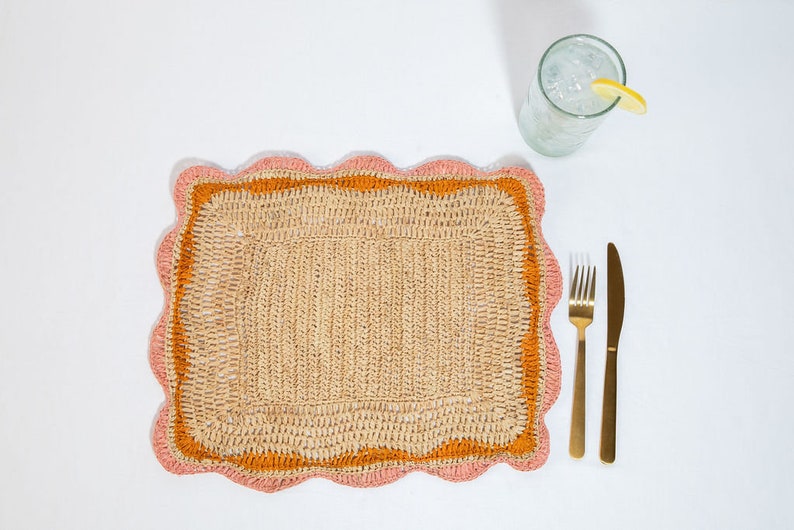 Garden Party placemats with Pink and Orange Edges, Hand Woven Rectangular Table Mat-table tops-Parc Decor