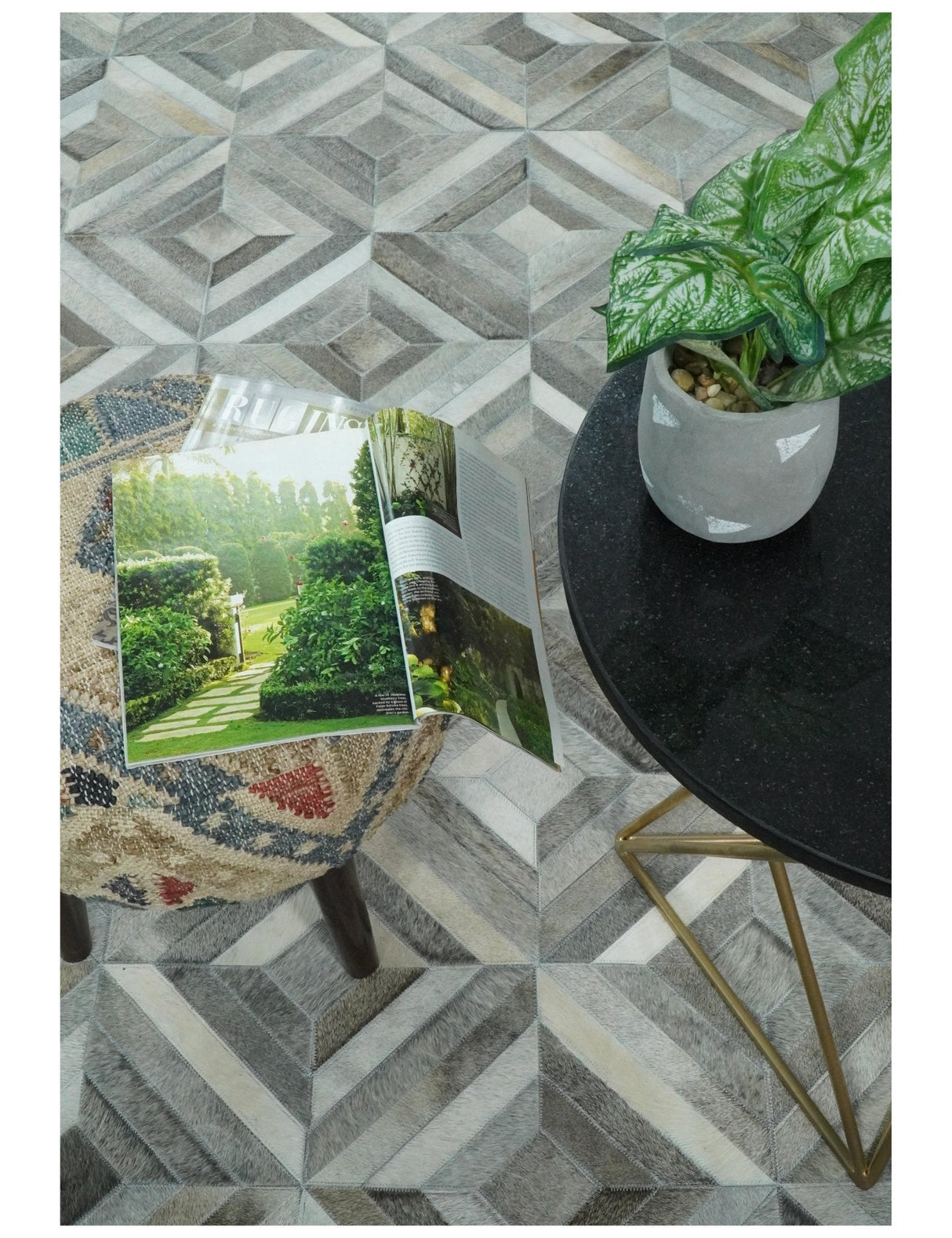 Genuine Leather Geometrical Design Handmade Silver and Gray Area Rug