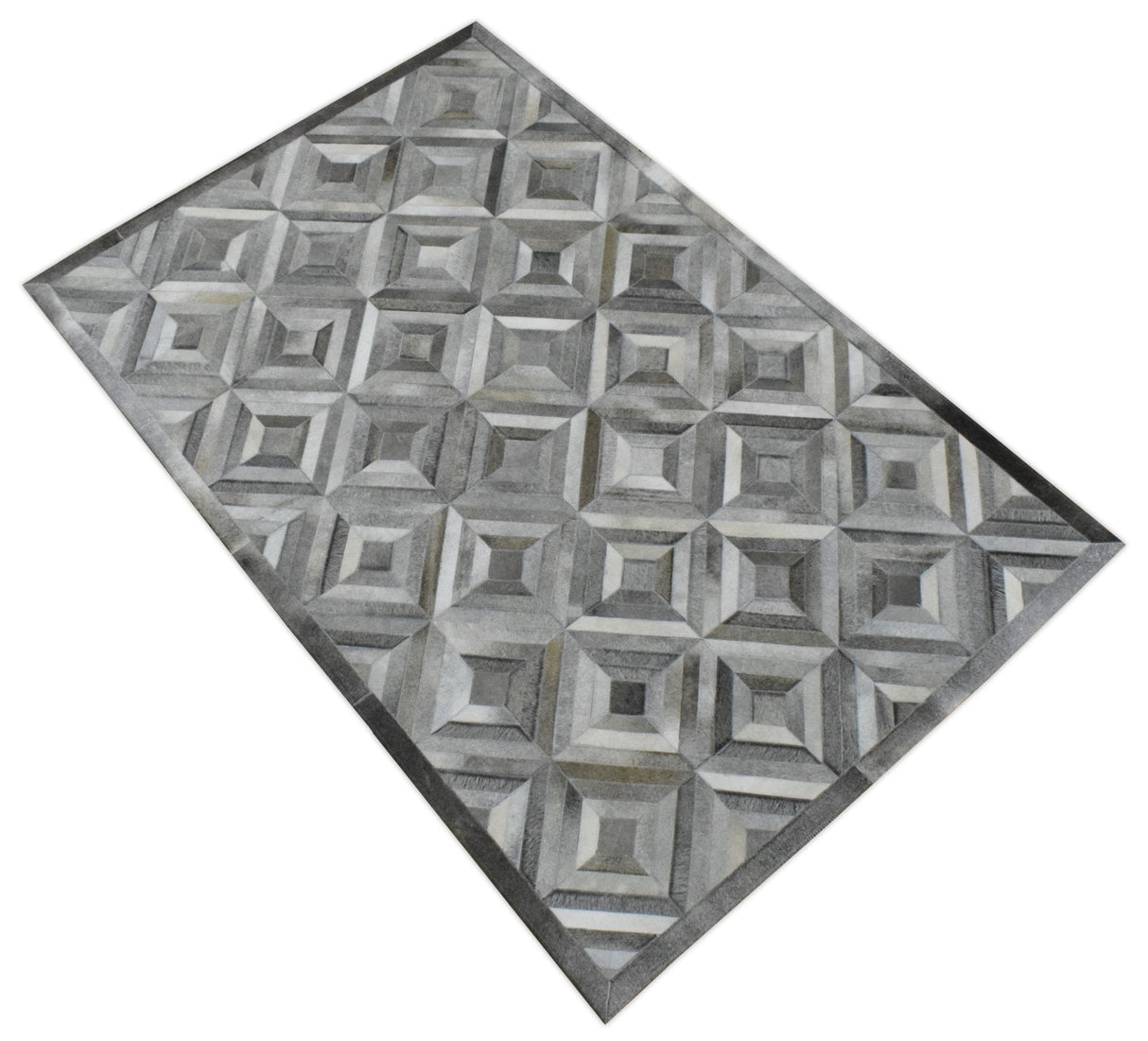 Genuine Leather Geometrical Design Handmade Silver and Gray Area Rug