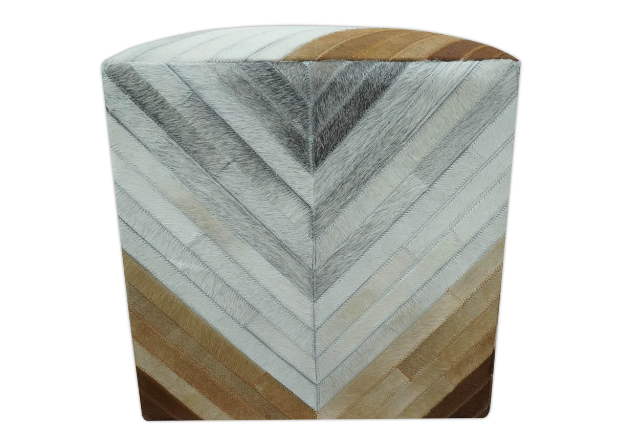 Genuine Leather Pouf Gray and Brown Modern Stripes Design