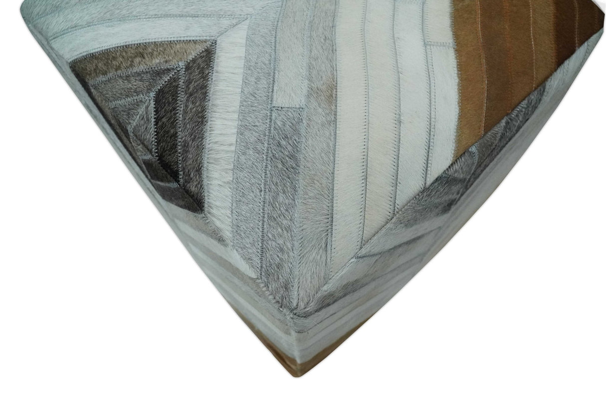 Genuine Leather Pouf Gray and Brown Modern Stripes Design