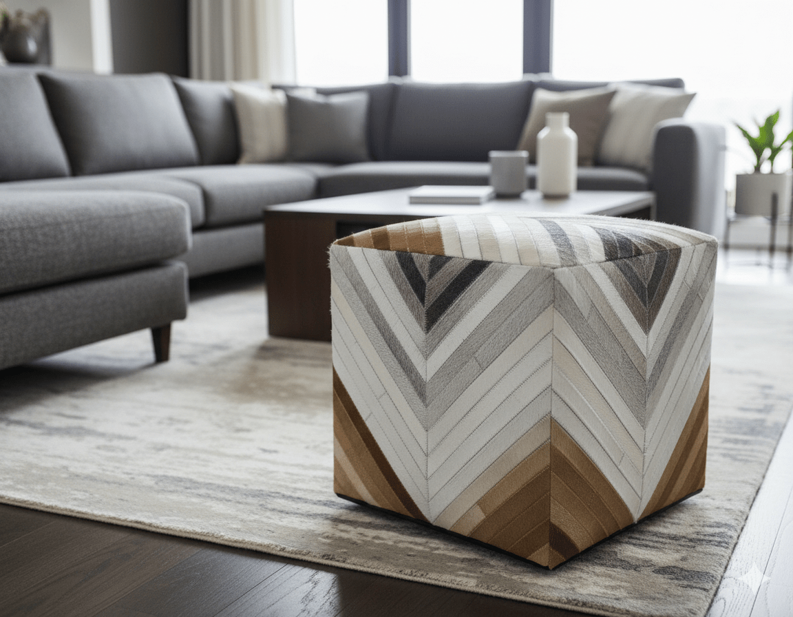 Genuine Leather Pouf Gray and Brown Modern Stripes Design