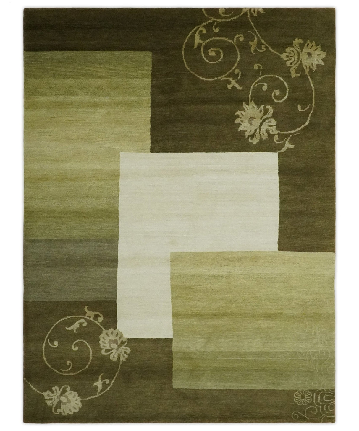 Geometrical Olive and Ivory Floral design Hand knotted 6x8 wool and Art Silk Area Rug-Area Rug-Parc Decor