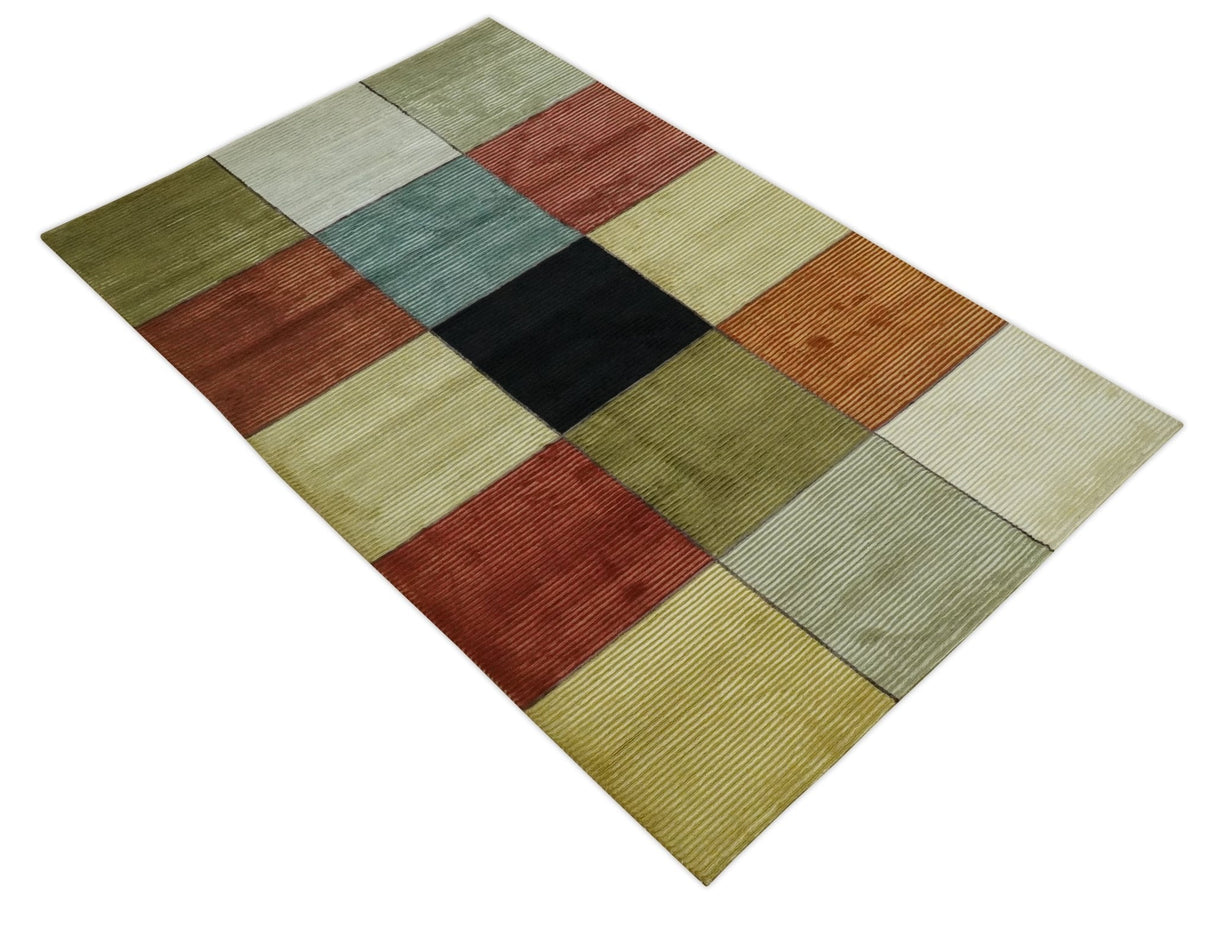 Geometrical Square Shape Black, Olive, Rust and Silver Stripes 5x8 wool and Art Silk rug-Area Rug-Parc Decor
