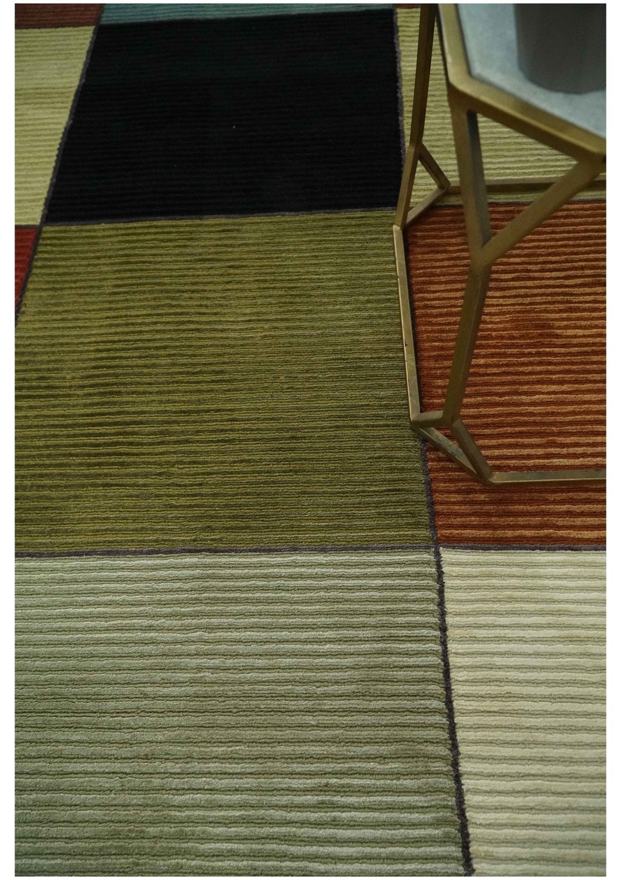 Geometrical Square Shape Black, Olive, Rust and Silver Stripes 5x8 wool and Art Silk rug-Area Rug-Parc Decor